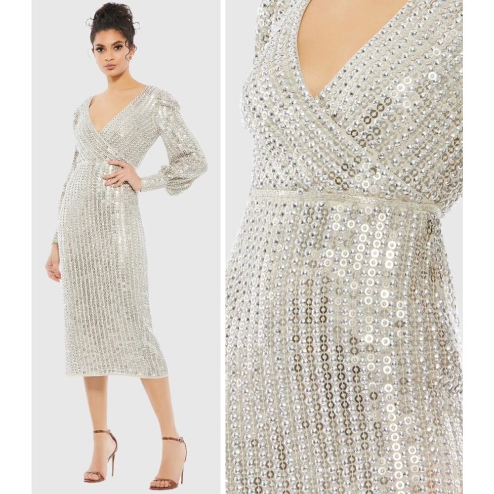Mac Duggal 10809 Silver Size 8 Midi Dress Long bishop sleeve V-Neck Lined NWT